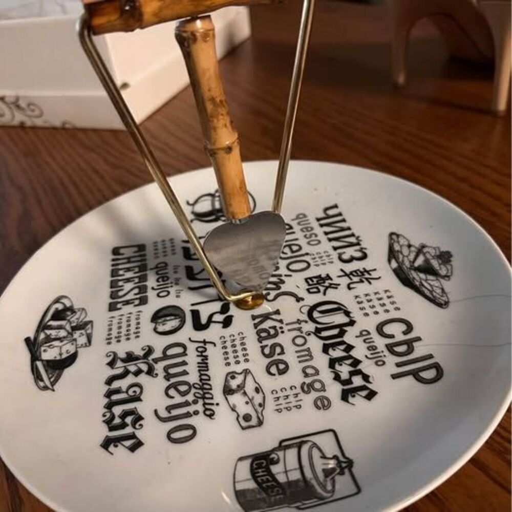 MCM- vintage cheese plate and slicer../ bamboo handle-9”